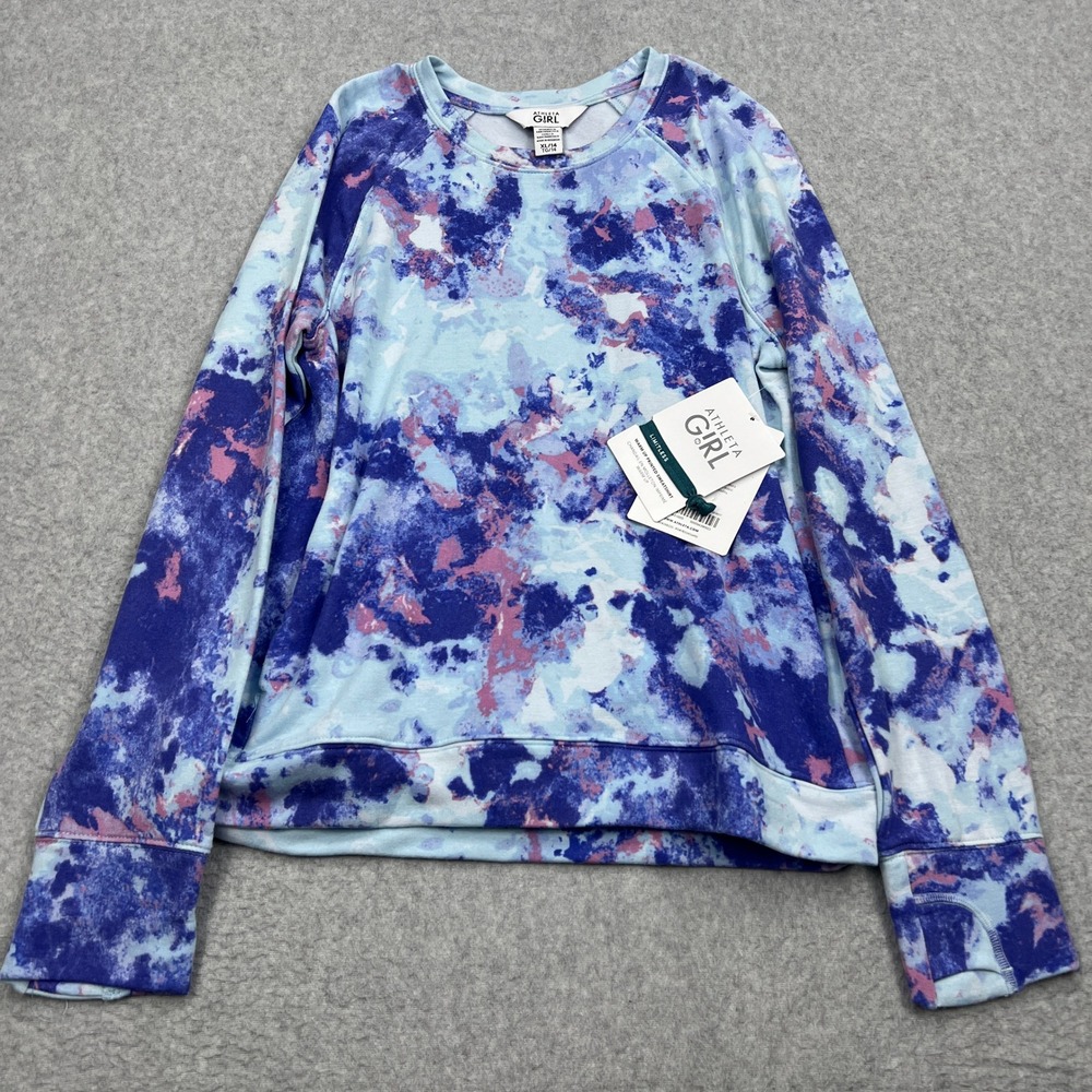 NEW Athleta Girl Warm Up Sweatshirt Kids XL Purple Blue Marl Print Crew Pullover